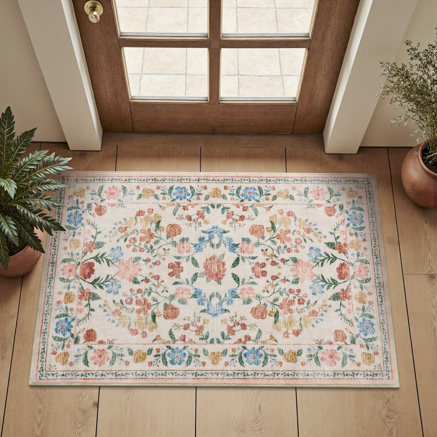 1pc Vintage Floral Mat - Non-Slip, Machine Washable Low Pile Runner for Kitchen, Living Room, Bedroom, Dining Room, Playroom - Boho Style 2x3 Entryway Mat, 2x6 Runner, 8x10 Large Area Indoor Mat - Kids & Pets Friendly In Beige, Green, Black & Pink
