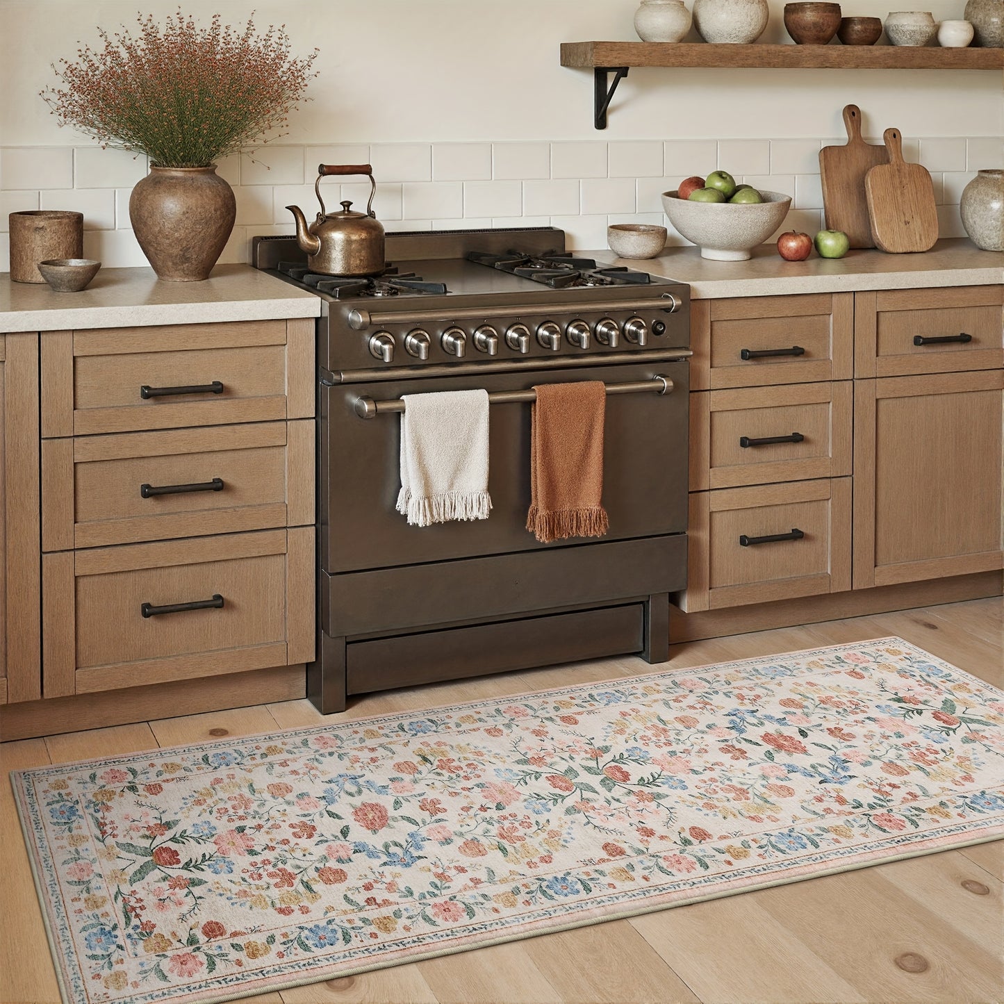 1pc Vintage Floral Mat - Non-Slip, Machine Washable Low Pile Runner for Kitchen, Living Room, Bedroom, Dining Room, Playroom - Boho Style 2x3 Entryway Mat, 2x6 Runner, 8x10 Large Area Indoor Mat - Kids & Pets Friendly In Beige, Green, Black & Pink