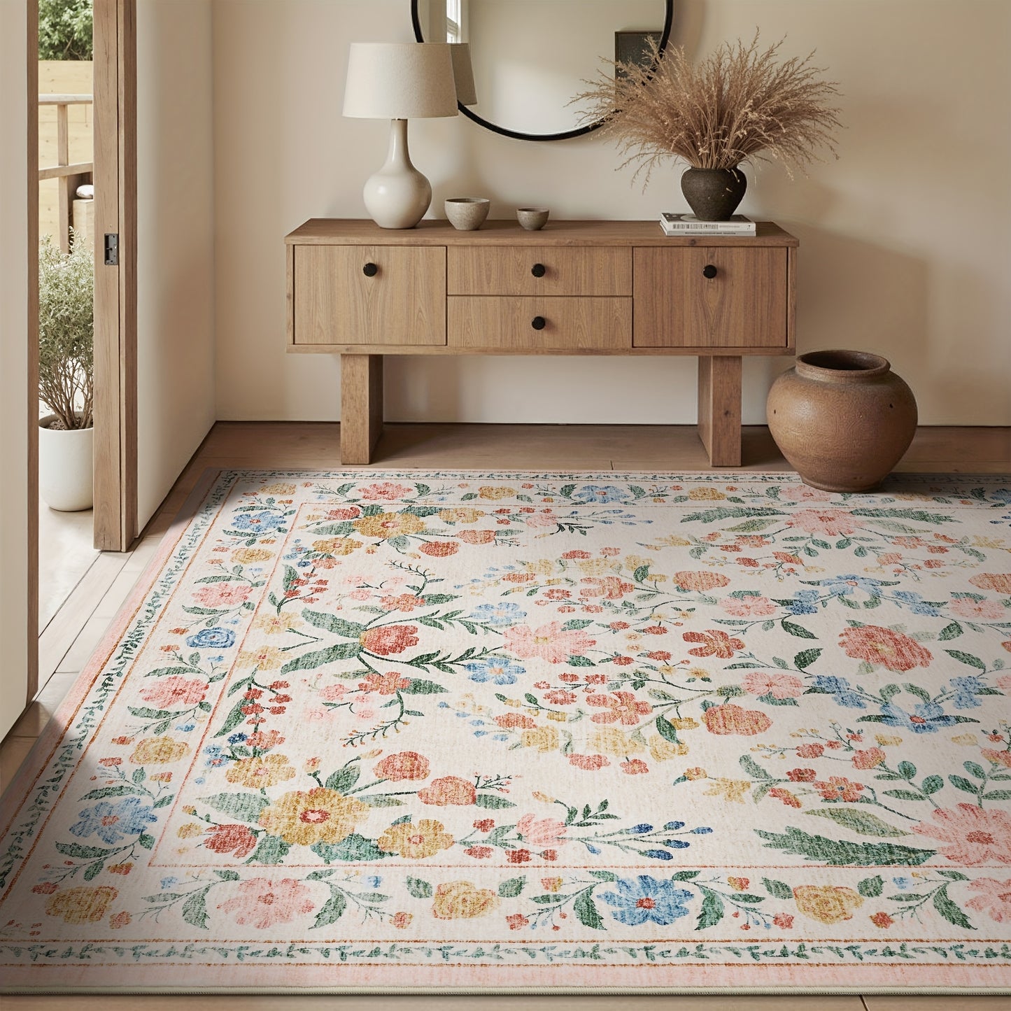 1pc Vintage Floral Mat - Non-Slip, Machine Washable Low Pile Runner for Kitchen, Living Room, Bedroom, Dining Room, Playroom - Boho Style 2x3 Entryway Mat, 2x6 Runner, 8x10 Large Area Indoor Mat - Kids & Pets Friendly In Beige, Green, Black & Pink