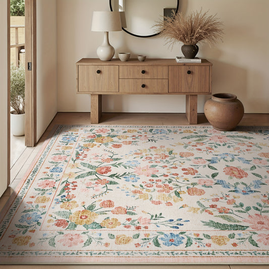 1pc Vintage Floral Mat - Non-Slip, Machine Washable Low Pile Runner for Kitchen, Living Room, Bedroom, Dining Room, Playroom - Boho Style 2x3 Entryway Mat, 2x6 Runner, 8x10 Large Area Indoor Mat - Kids & Pets Friendly In Beige, Green, Black & Pink